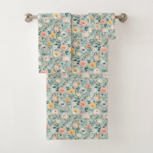 Blue White Pink Peach Cottage Core Floral Gift Bath Towel Set