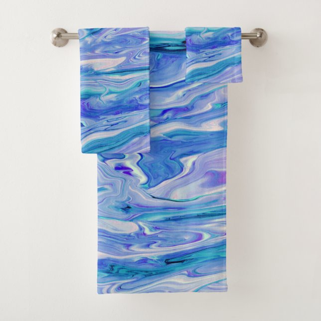 Blue White Pink Teal Lilac Marble Agate Abstract Bath Towel Set (Insitu)
