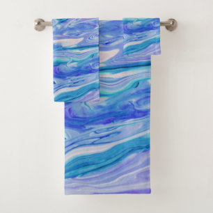 Blue White Pink Teal Lilac Marble Agate Abstract Bath Towel Set