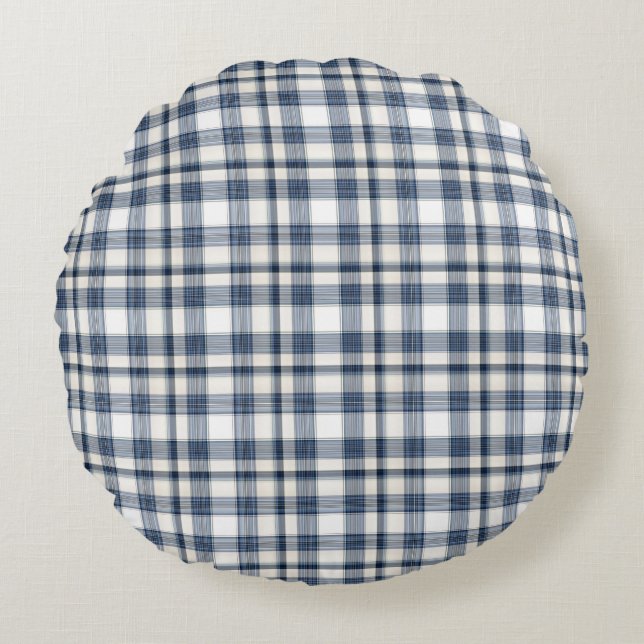 Blue White Plaid 1 Round Pillow (Front)