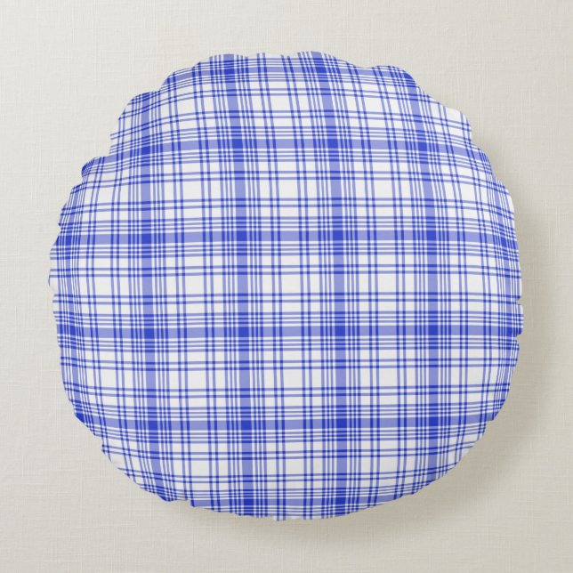 Blue White Plaid 2 Round Pillow (Front)