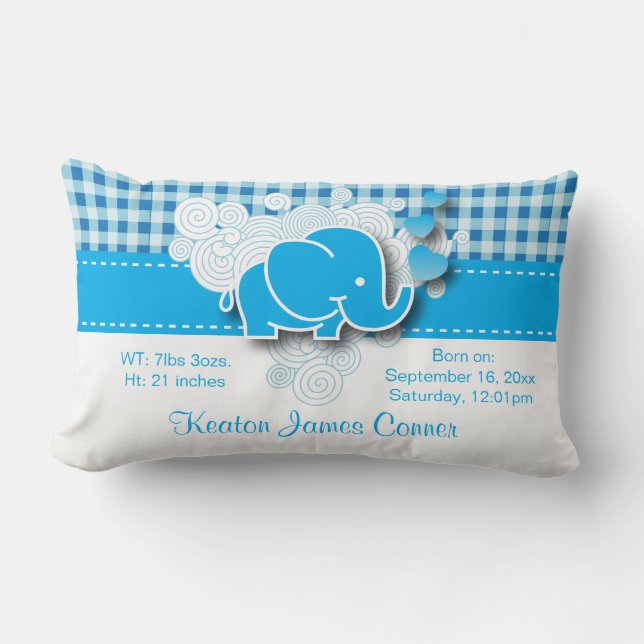 Blue & White Plaid Baby Elephant Design Lumbar Pillow (Front)
