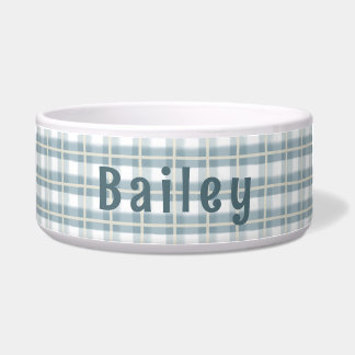 Blue & White Plaid Customizable Ceramic Dog Bowl