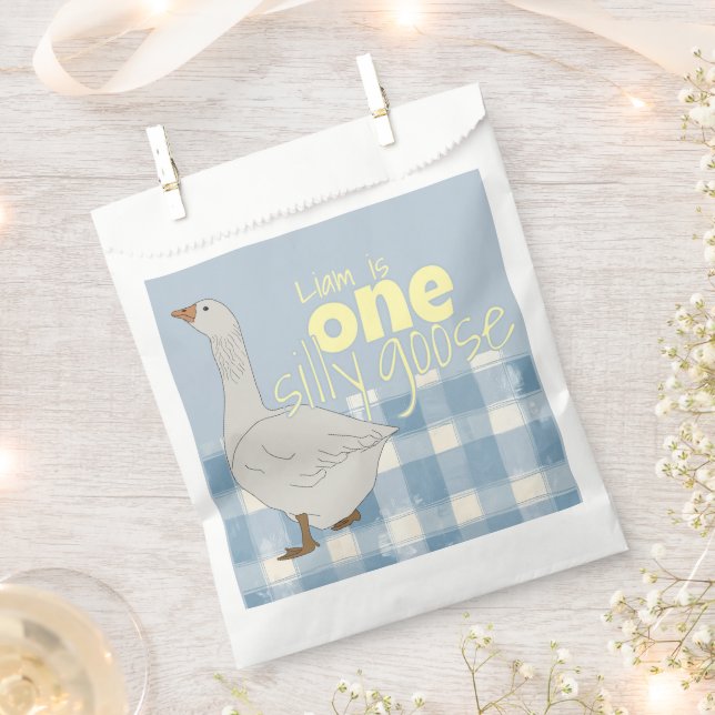 Blue & White Plaid One Silly Goose  Favour Bag (Clipped)