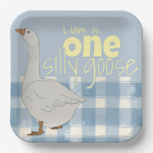 Blue & White Plaid One Silly Goose  Paper Plate