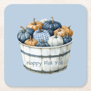 Blue White Plaid Orange Pumpkin Bucket Square Paper Coaster