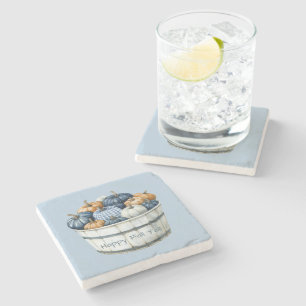 Blue White Plaid Orange Pumpkin Bucket Stone Coaster