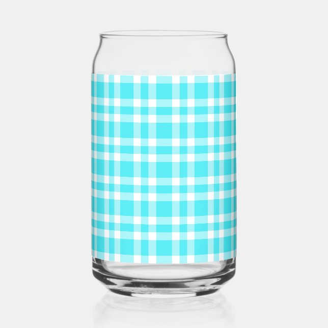 Blue White Plaid Pattern Can Glass (Front)