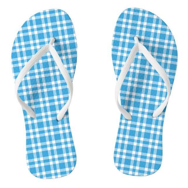 Blue White Plaid Pattern Flip Flops (Footbed)