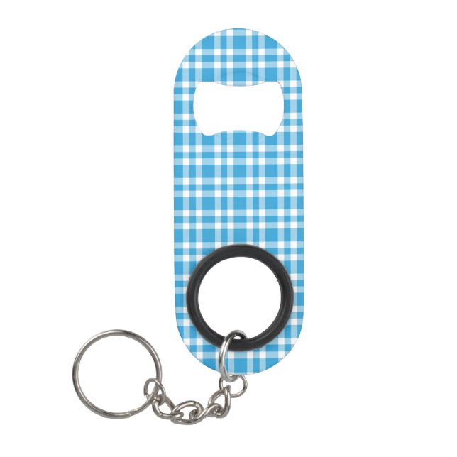 Blue White Plaid Pattern Keychain Bottle Opener (Front)