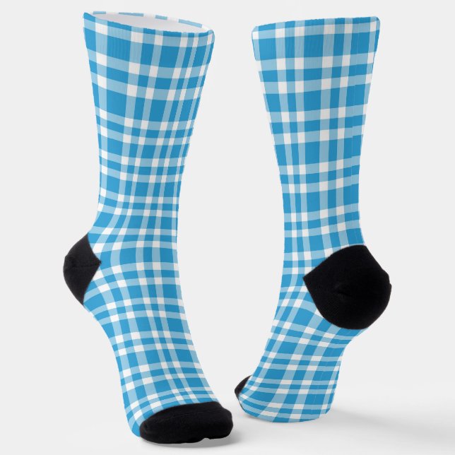 Blue White Plaid Pattern Socks (Angled)