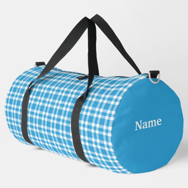 Blue White Plaid Personalize Pattern Large Duffle Bag (Left Corner)