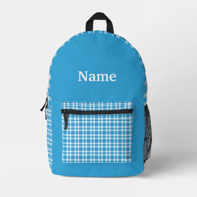 Blue White Plaid Personalize Pattern Printed Backpack (Front)