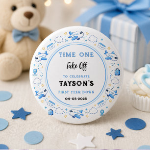 Blue White Plane 1st Birthday Time One Take Off 1 Inch Round Button