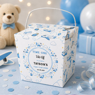 Blue White Plane 1st Birthday Time One Take Off Favor Box