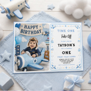 Blue White Plane 1st Birthday Time One Take Off  Invitation