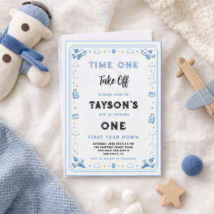 Blue White Plane 1st Birthday Time One Take Off Invitation
