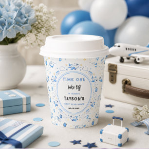 Blue White Plane 1st Birthday Time One Take Off Paper Cups