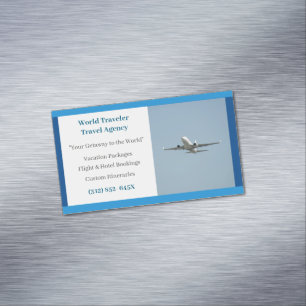 Blue White Plane Agent Airplane Travel Agency  Magnetic Business Card