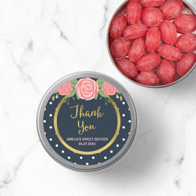 Blue & White Polka Dot, Blush Pink Roses Thank You Classic Round Sticker (Creator Uploaded)