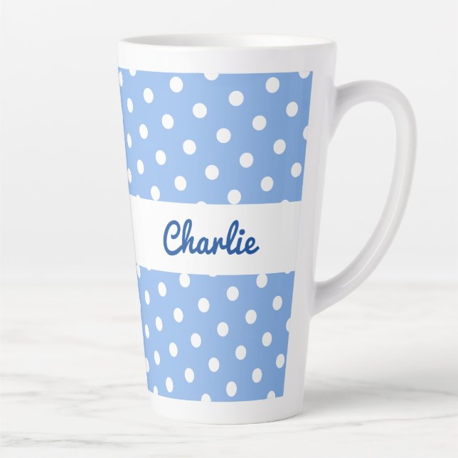 Blue White Polka Dot Pattern Retro Personalized Latte Mug (Right)