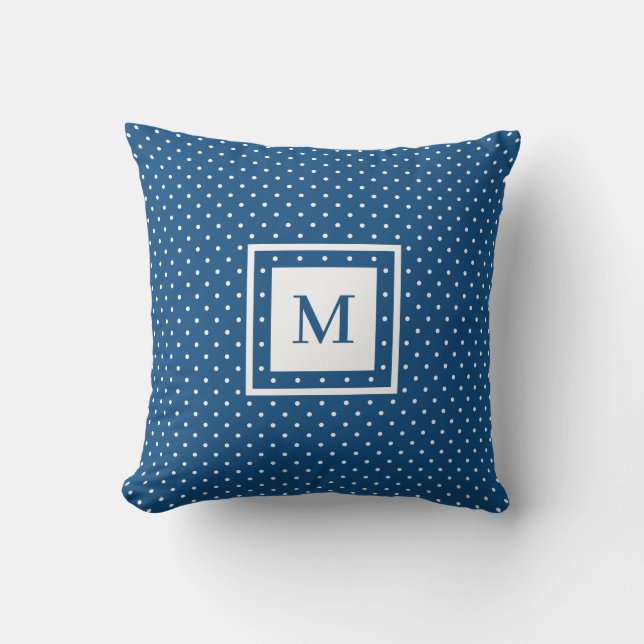 Blue White Polka Dot Pattern with Modern Monogram Throw Pillow (Front)