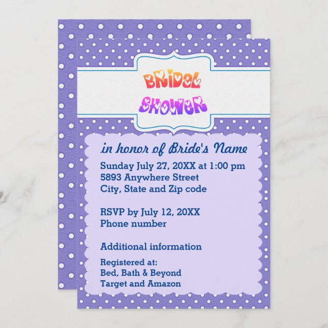Blue & White Polka Dots Heart Text Bridal Shower Invitation (Front/Back)