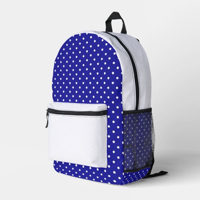 Blue White Polka Dots  Printed Backpack (Back Corner Right)