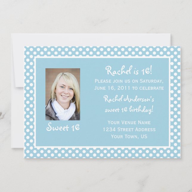 Blue White Polka Dots Sweet 16 Birthday Invitation (Front)