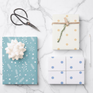 Blue & White Polkadots and Blue Snowflakes, Stars Wrapping Paper Sheet