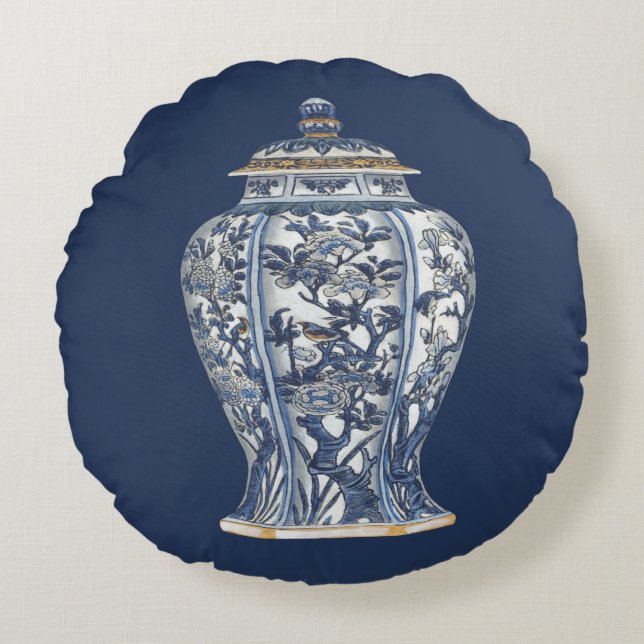 Blue & White Porcelain Vase by Vision Studio Round Pillow (Front)