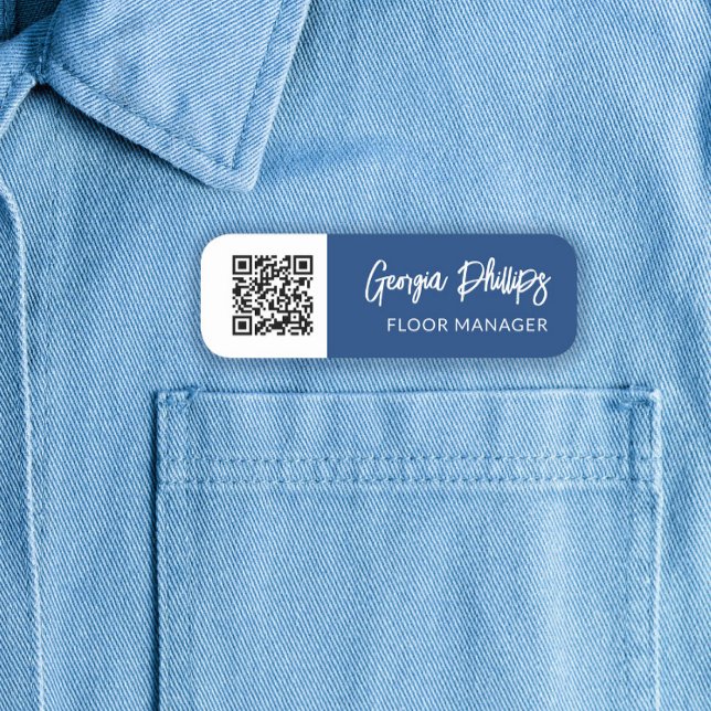 Blue & White QR Code Brush Script Name Tag (Creator Uploaded)