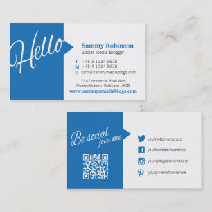 Blue white quote social media and QR code Business Card