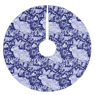 Blue & White Rabbit Bird Christmas Elegant Delft Brushed Polyester Tree Skirt