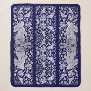 Blue & White Rabbit Bird Floral Chinoiserie Nature Sherpa Blanket