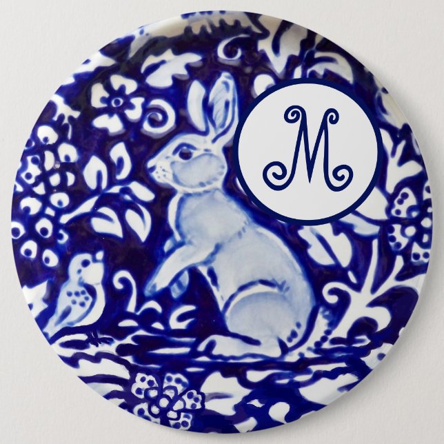 Blue White Rabbit Bird Floral Monogram Elegant 6 Inch Round Button (Front)