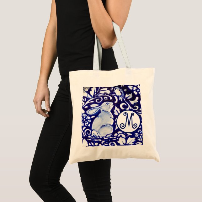 Blue White Rabbit Bird Floral Monogram Elegant Tote Bag (Front (Product))