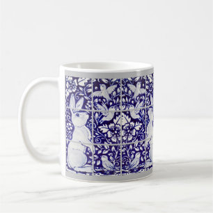 Blue & White Rabbit & Bird Floral Tile Mural Art Coffee Mug