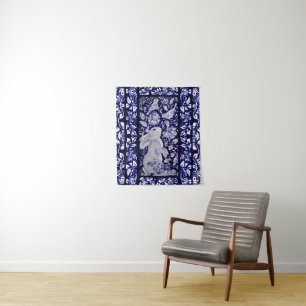 Blue & White Rabbit Bird Floral Woodland Navy Art Tapestry