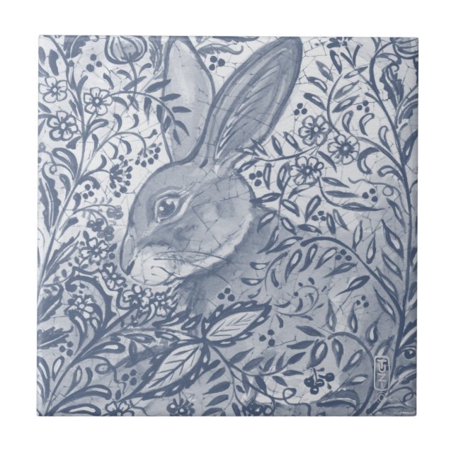 Blue White Rabbit Botanical Delft Dedham Painting Tile (Front)