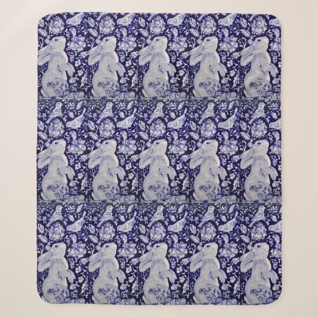 Blue & White Rabbit Bunny Bird Floral Chinoiserie Sherpa Blanket (Front)