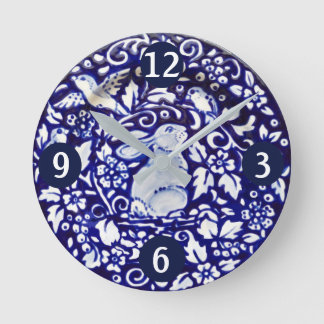 Blue & White Rabbit Bunny Bird Flower Scroll Plate Round Clock