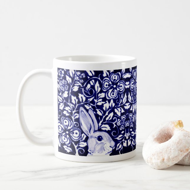 Blue & White Rabbit Bunny Chinoiserie Floral Funny Coffee Mug (With Donut)