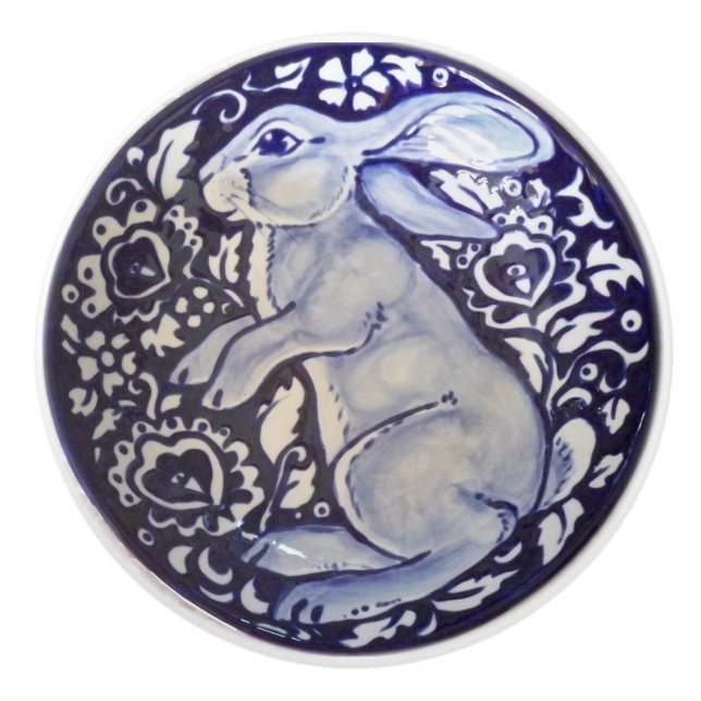 Blue & White Rabbit Bunny Drawer Pull Knob Dedham (Front)