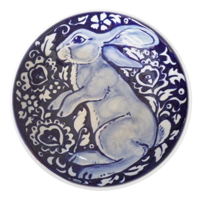 Blue & White Rabbit Bunny Drawer Pull Knob Dedham (Front)