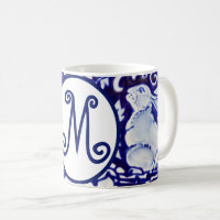 Blue White Rabbit Bunny Floral Monogram Elegant
