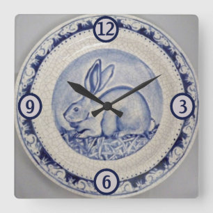 Blue & White Rabbit Bunny Pottery China Dedham Art Square Wall Clock