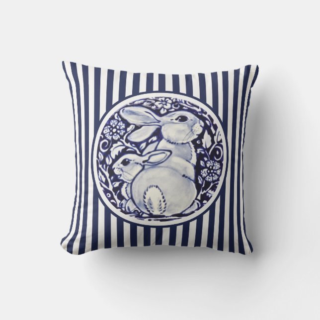 Blue & White Rabbit Bunny Stripes Dedham Floral Outdoor Pillow (Front)
