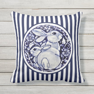Blue & White Rabbit Bunny Stripes Dedham Floral Outdoor Pillow