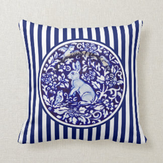 Blue & White Rabbit Bunny Stripes Dedham Floral Throw Pillow